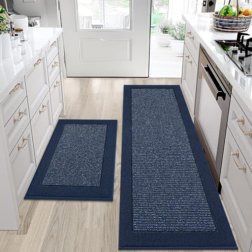 BEQHAUSE Kitchen Rugs Set of 2, Non Slip Washable, 24"x36"+24"x60", Blue | Kitchen Mats for Floor, Extra Absorbent and Stain Resistant Kitchen Runner Rugs for Laundry, Entryway, Hallway & Sink - color: Blue, size: 24"x36"+24"x60" (Rectangular)