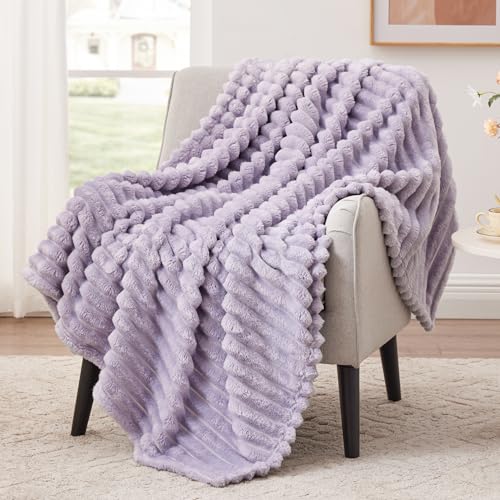 EXQ Home Fleece Throw Blanket for Couch or Bed - 3D Stripe Jacquard Decorative Blankets - Cozy Soft Lightweight Fuzzy Flannel Blanket Suitable for All Seasons(50"×60",Light Purple) - color: Light Purple, size: Throw