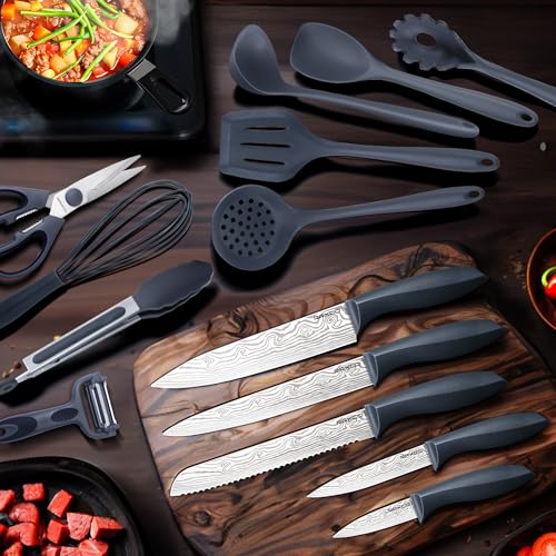 Kitchen Set,18-Piece Cooking Utensils and Kitchen Knife Set,Gray | 7-Piece Kitchen Utensils Heat-resistant to 410°F,5-Piece Sharp Knife,5-Piece Cooking Tools and Cutting Board In One - color: Gray