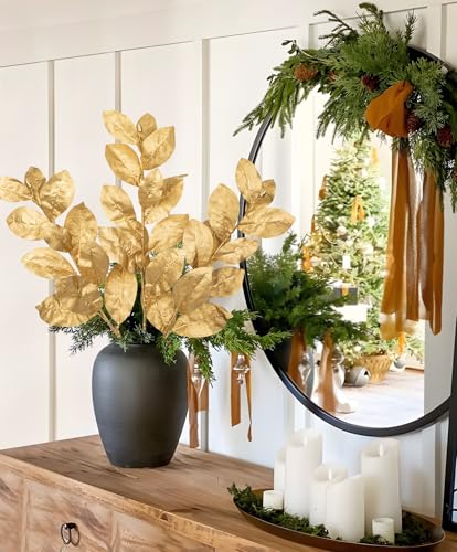 Briful Gold Magnolia Leaves Branches, 3 Pack 28.7in Faux Magnolia Leaves Stems Artificial Christmas Greenery Branches for Xmas Home Vase Floral Arrangement - color: Glitter Gold