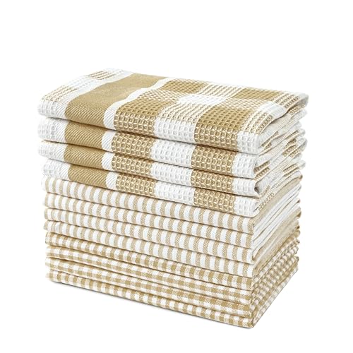 LANE LINEN 100% Cotton Kitchen Dish Cloths, Ultra Soft Absorbent Quick Drying Dish Towels, Multiweave Wash Cloths Dish Towel Sets, 12x12 Inches, 12 Pack - Beige - color: 01: Beige, size: 12"x12" - 12 Pack