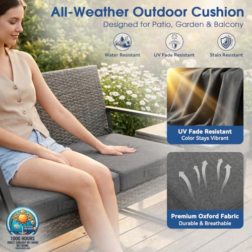 Outdoor Chair Cushions Set of 4, 19x19 Waterproof Patio Pads, Dark Gray | Fade resistant fabric with ties, handle and 3-inch foam for dining seats, decks, porches, gardens and hard seating - color: Dark Gray