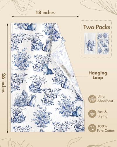 Flour Sack Kitchen Towels Set of 2, 18x26 Inch, Cat Flower | 150GSM Cotton, Lint-Free, Quick Dry, Hanging Loop, Lightweight Tea Towels, French Home Decor, Chinoiserie, Housewarming Gift - color: Cat Flower