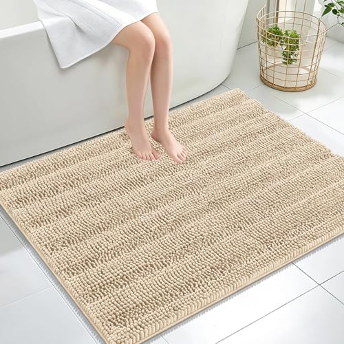 OLANLY Thick Large Bathroom Rugs 40x32, Soft Chenille Bath Rugs, Beige | Absorbent Striped, Rubber Backing, Machine Wash Dry, Bath Mats for Bathroom Floor, Tub and Shower, Home Decor Accessories - color: Beige, size: 40" X 32"