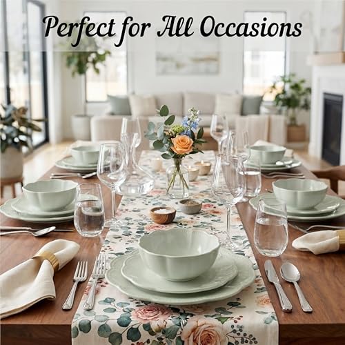 Sango 12 Pieces Scalloped Dinnerware Set, Sage Green Dishes for 4, Premium Serving Plates & Bowls Sets, Chip Resistant, Ceramic Dishware, Kitchen Dish, Microwave & Dishwasher Safe, Bethany - color: Sage Green, size: 12-Piece Set