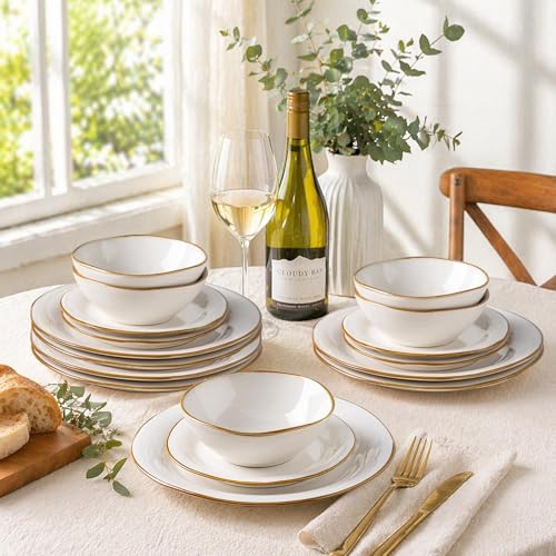 AmorArc Ceramic Dinnerware Sets for 4, Handmade Plates and Bowls Sets | Stoneware Reactive Glaze Dish Set, Scratch Resistant, Dishware Set for Kitchen Wedding, Dishwasher & Microwave Safe - color: Reactive White