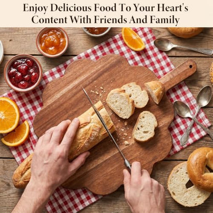 Scalloped Acacia Wood Boards with Handle, Acacia Wood Scalloped Cutting Board, Wooden Cutting Board, Round Decorative CuttingBoards for Cheese Meat Fruit Bread Baking(15.2 x 11.2 x 0.6 inch)