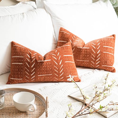 Decorative Lumbar Throw Pillow Covers 12X20 Set of 2, Brick Red Rust Boho Farmhouse Cushion Cover, Soft Accent Pillowcase for Couch Sofa Bed Living Room Home Décor - color: Brick Red, size: 20" x 12" (Pack of 2)