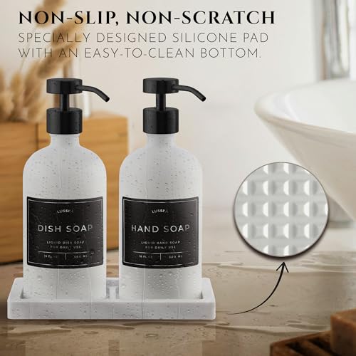 Glass Soap Dispenser Set of 2 (White) with Silicone Tray | Hand and Dish Soap Dispenser for Kitchen and Bathroom | 16.8 Oz Glass Bottles with Stainless Steel Pump & 15 Waterproof Labels (White/Black) - color: White/Black