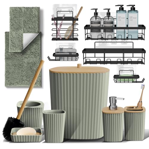 Clara Clark Bathroom Set - Sage Green Bathroom Accessories Set, 6PC Bathroom Accessory Set, Bathroom Sets with Bathroom Rugs, Adhesive Corner Shower Caddy Hanging, Toilet Brush & Trash Can - color: Sage Green, size: Complete Set + Bath Rugs + Shower Caddy