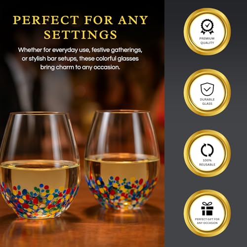 Large Stemless Wine Glasses – Set of 2-14oz Luxury Hand Blown Confetti Margaritas, Martini, Cocktails, Water, Wine, Dessert & Champagne Glasses Cinco de Mayo, Hand Blown - Mexican Confetti Glass - style: Mexican Confetti Wine Glass
