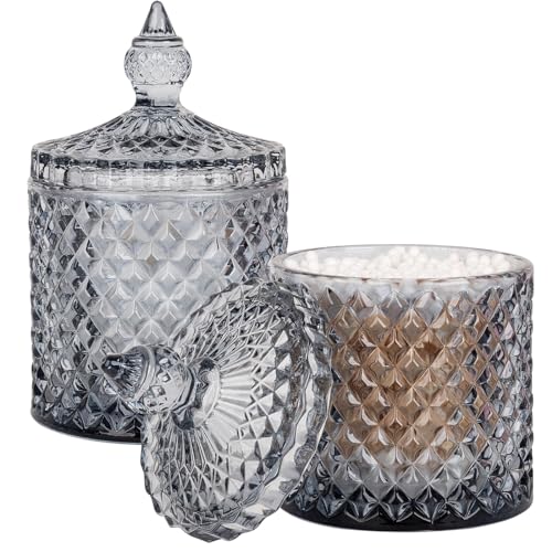 2 Pack Qtip Holder Apothecary Jars with Lid, Thick Glass, Gray | Bathroom Canisters Storage Organizer for Cotton Swabs, Balls, Pads, Floss Picks, Candy, Jewelry, Bathroom Decor - color: Grey, size: 10 oz (2 pack)