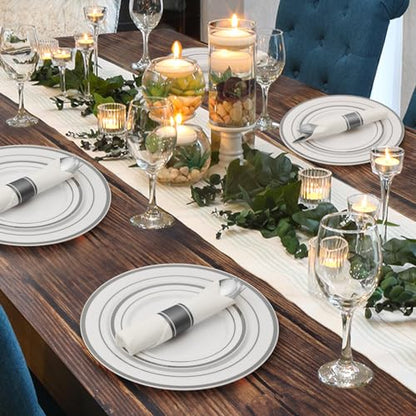 350 Piece Silver Plastic Dinnerware Set for 50 Guests | Disposable Dinnerware Includes: 50 Dinner Plates, 50 Dessert Plates, 50 Pre Rolled Napkins with Silver Silverware, 50 Cups - color: Silver, style: 350 Piece (50 guests)