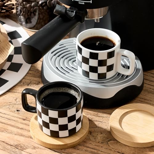 LUKA Ceramic Stackable Black and White Checkered Espresso Cups with Saucers and Metal Stand, 4 Ounce Small Demitasse Cups Set for Coffee Drinks, Latte, Tea - Set of 4 - color: 4G-White & Black