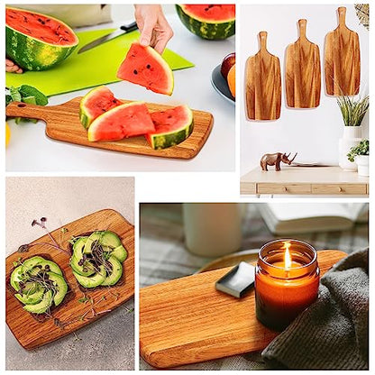 Kathfly 3 Pcs Acacia Wood Cutting Board with Handle Wooden Laser Kitchen Serving Charcuterie Board for Vegetables Meat Pizza Cheese Fruit Bread(17 x 7 Inch) - size: 17 x 7 Inch