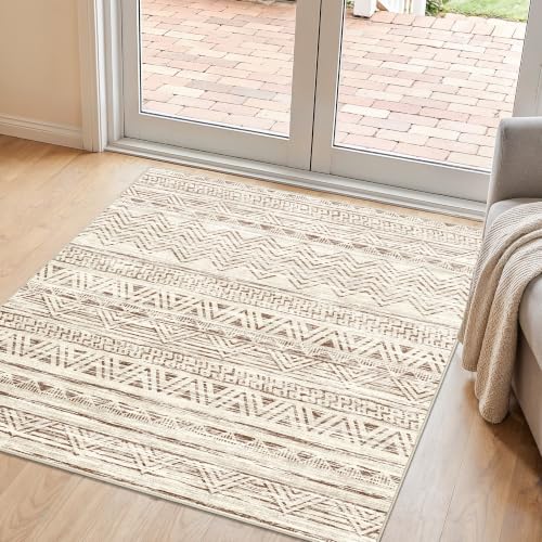 Ksrau 3x3 Square Area Rug Washable: Non Slip Living Room Floor Mat Beige | Modern Soft Rugs Low Pile Thin Carpet Easy-Clean for Bedroom Kitchen Nursery Dining Room Farmhouse Indoor Home Office Decor - color: Beige, size: 3' x 3'(square)