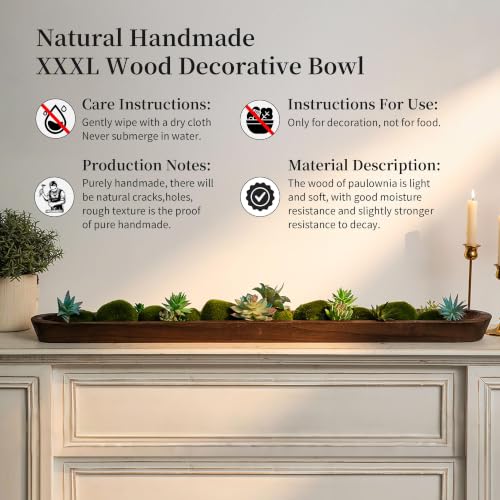 Hanobe 39" Large Wood Decorative Dough Bowl for Dining Table Centerpiece | Extra Long Brown, Farmhouse Style, Wooden Catch All Key Tray for Kitchen Counter, Coffee Table, Entryway Decor