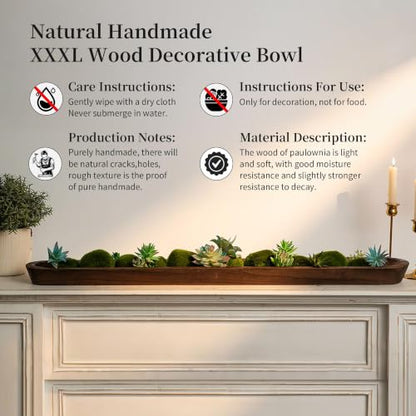 Hanobe 39" Large Wood Decorative Dough Bowl for Dining Table Centerpiece | Extra Long Brown, Farmhouse Style, Wooden Catch All Key Tray for Kitchen Counter, Coffee Table, Entryway Decor