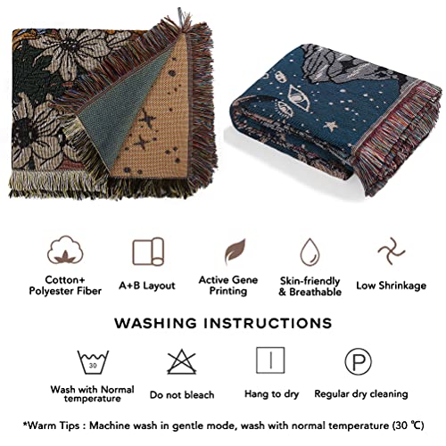 Flower Moon Mountain Throw Woven Blanket with Tassel for Home Decoration Chair Couch Sofa Bed Beach Travel Picnic Cloth Tapestry Shawl Cozy Cotton (Blue & Red 63×51 Inches)
