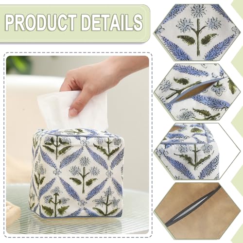 Blue Fabric Tissue Box Cover - Floral Print Tissue Box & Decorative Square Napkin Holder Handmade Cotton for Home Bedroom Vanity Countertop Night Stands Office - style: Blue