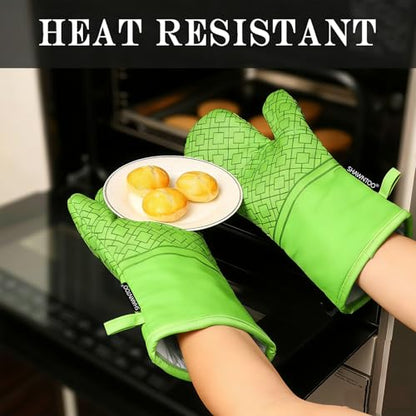 Oven Mitts and Pot Holders Sets 6pcs, Kitchen Oven Glove,High Heat Resistant 550 Degree Extra Long Oven Mitts and Potholders with Non-Slip Silicone Surface for Home Essentials (Grey) (Meadow Green) - color: Meadow Green