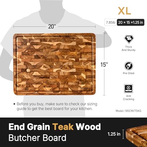 Teak Wood Extra Large End Grain Cutting Board for Kitchen with Non-slip Feet, Heavy Duty Checkered Cutting Board Handcrafted Luxury Chopping Board for Cheese and Vegetables Housewarming Gift - size: 20"L x 15"W