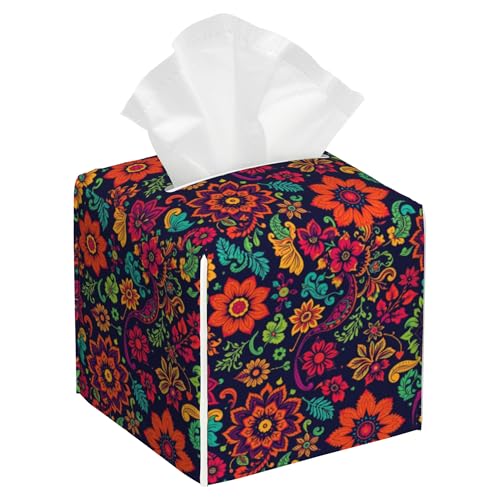 Colorful Paisley Floral Tissue Box Cover Square,Retro Boho Flowers Leather Tissue Box Holder Decorative Facial Cube Paper Cover Case Organizer for Bathroom Night Stands Desk Home - color: Color7