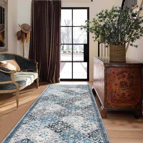 KILOCOCO 3x8 Washable Runner Rug, Nonslip Soft Area Rug for Hallway Kitchen | Moroccan Trellis Spill & Stain Resistant Low Pile Carpet for Entryway Office Laundry Bedroom, Easy Clean - color: Blue/Multi, size: 3' x 8' (Runner)
