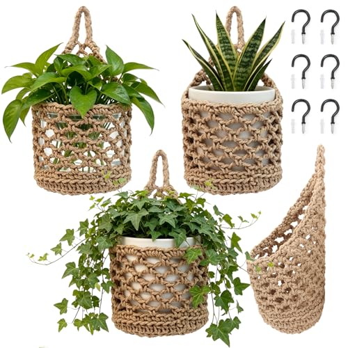 4-Pack 5-Inch Macrame Wall Plant Hangers, Natural Cotton Hanging Planter Baskets for Indoor Plants, Boho-Style Woven Plant Baskets for Walls, Small Hanging Pots for Succulents - color: Brown