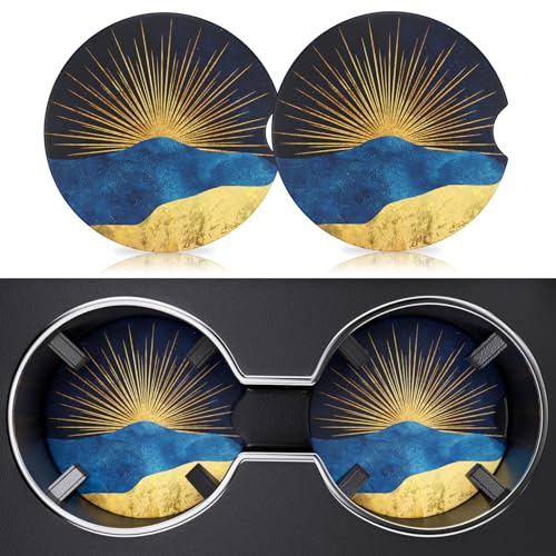 2 Pack Car Cup Holder Coaster, 2.63 inch Anti Slip Insert Absorbent Ceramic Car Coaster with Cork Base and Finger Notch, Cute Car Accessories Interior for Women, Cute Car Coasters., Rays - color: Rays