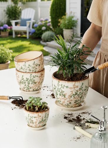 Retro Ceramic Garden Pots, 5.8 Inch Plant Pots with Drainage and Attached Saucer Set of 4, Chinoiserie Floral Large Flower Pots for Home Decor, Plant Lover Gifts, White Green - size: 5.8 inch, set of 4