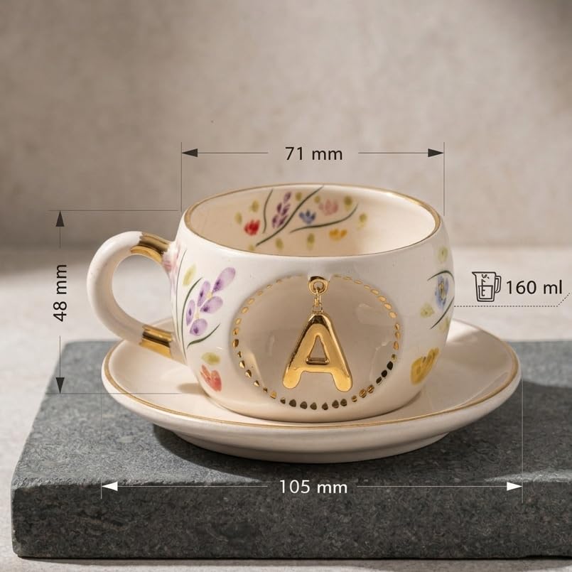 Personalized Handmade Porcelain Coffee Tea Mug With Letter, Custom Initial Mug Gift For Tea Coffee Lover With Saucer Text