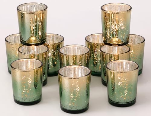 Volens Green and Gold Party Decorations 12pcs Glass Votive Candle Holders | Speckles Mercury Glass Tealight Candle Holders Bulk for Tabletop, Wedding Centerpiece, Green and Gold Decor - color: Green+gold, size: Cylinder--2.17"W x 2.67"H