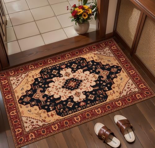 Ciicool 2x3ft Washable Entry Area Rug,Small Door Mat for Entryway Kitchen | Boho Indoor Vintage Non-Slip Oriental Low-Pile Throw Carpet for Entrance Bathroom Living Room Dining Room Floor Home Decor - color: Black/Gold, size: 2' x 3' (Rectangular)