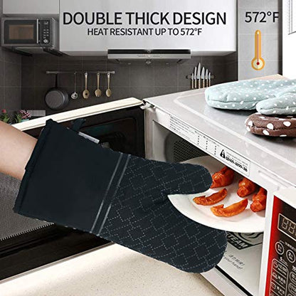 4Pcs Oven Mitts and Pot Holders Set, 572F Heat Resistant Oven Glove, Soft Cotton Lining with Non-Slip Surface for Kitchen Baking BBQ (Black) - color: Black