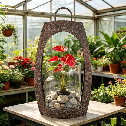 21" Twakutwaku Versatile Farmhouse Arch Metal Lantern in Rustic Brown with Handmade Thick Glass Candle Holder for Pillars & Plants, Hurricane Lantern, Glass Candlestick Holder, Glass Vase, Garden - color: Rustic Brown, size: 11"x21"