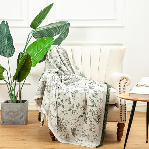 LALIFIT Boho Chic Decorative Throw Blanket Vintage Woodland Floral Bird Design with Tassels Soft Cotton Lightweight & Cozy for Home, Couch, Sofa, Farmhouse 50x60 Inches (Sage Green) - color: Sage Green