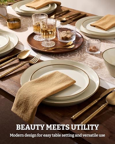 Famiware Saturn Stoneware Dishes Dinnerware Set for 8, Rimmed Plates, Bowls | Vanilla White, 24-Piece Ceramic Kitchenware, Chip and Scratch Resistant, Microwave & Dishwasher Safe, Modern Rustic Tableware - color: Vanilla White, size: 24