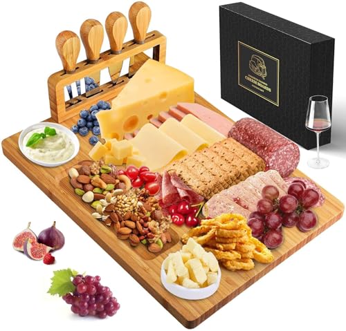 Bamboo Charcuterie Board Set with 4 Cheese Knives, Serving Platter | 4 stainless steel knives, cutting board. Ideal for parties, weddings, wine night, housewarming. - size: 14" x 11" x 0.6"