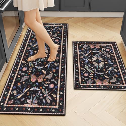 Kitchen Rugs Sets of 2, Non Slip Washable Kitchen Mats for Floor, Stain Resistant Farmhouse Floor Mat Carpet Runner for Kitchen Sink Office Laundry Hallway, Black 20"x32"+20"x48" - color: Black