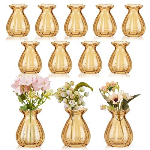 20 Pieces Glass Bud Vase Ribbed Mini Flower 3.5 Inch,Amber | Bulk Centerpieces for Wedding Bridal Shower, Baby Shower Table Decor, Crystal Ribbed Design Holds Small Bouquets - color: Amber