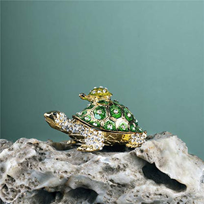 YU FENG 3 Inch Mother Child Turtle Trinket Box, Crystal Hinged Jewelry Box | Enameled Mother & Baby Tortoise Design, Sparkling Crystal Accents, Ring Holder, Collectible Figurine, Gift for Mom - color: Green Turtle