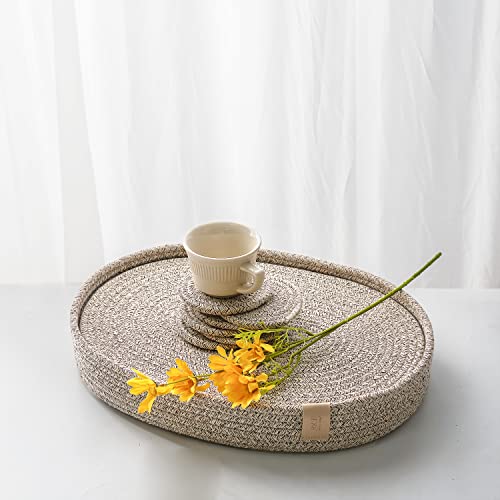 13-Piece Oval Cotton Rope Placemat Set, Coasters, Warm Taupe | 16 x 12 inch, machine washable, thick woven construction, everyday heat protection - color: Taupe Mix, size: 16*12 Plus 6 coasters