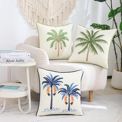 Embroidered Throw Pillow Covers 18x18 Pack of 2 Blue Palm Tree | Ocean-Themed,Durable Fabric,Square Pillow Cover,Boho Decorative,Hidden Zipper,Aesthetic Design,Ideal Gift,Machine Washable - color: Blue Palm Tree