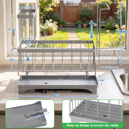 VOOWO Sponge Holder for Kitchen Sink, Compact Sink Caddy with Brush Holder | 304 Rustproof Stainless Steel Dish Soap Holder, Small Kitchen Sink Organizer, Self-Draining Dish Wand Holder with Towel Rack - color: Gray