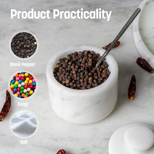 Marble Salt Cellar with Lid 3.5" White, Stone Pepper Container & Spice Jars for Kitchen, Marble Salt and Pepper Holder, Stone Storage Box for Kitchen Counter, Spice Jar(Namib Fantasy White) - color: White
