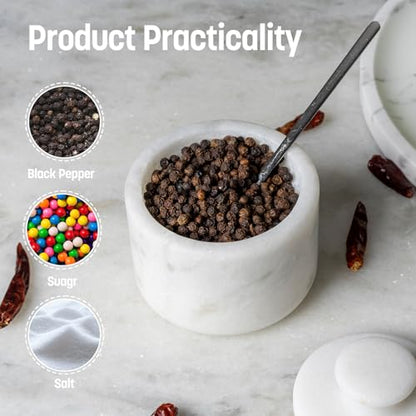 Marble Salt Cellar with Lid 3.5" White, Stone Pepper Container & Spice Jars for Kitchen, Marble Salt and Pepper Holder, Stone Storage Box for Kitchen Counter, Spice Jar(Namib Fantasy White) - color: White