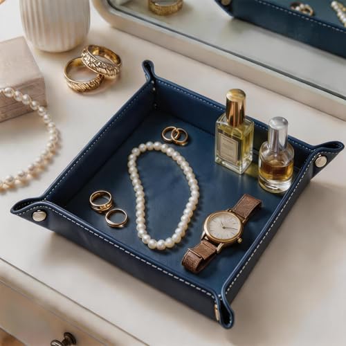 Valet Tray Desktop Storage Organizer – Vegan Leather Catchall Tray Bedside Vanity Tray Nightstand Caddy Holder for Remote Controller, Watch, Keys, Phone, Wallet, Coin, Jewelry, Navy - color: Navy Blue
