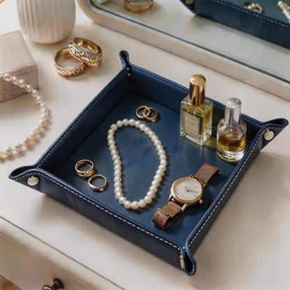 Valet Tray Desktop Storage Organizer – Vegan Leather Catchall Tray Bedside Vanity Tray Nightstand Caddy Holder for Remote Controller, Watch, Keys, Phone, Wallet, Coin, Jewelry, Navy - color: Navy Blue