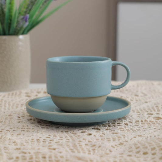 Little minimalist ceramic pottery tea cup with saucer, espresso cup | Matte Light Blue,Durable,Microwave and dishwasher safe, stoneware demitasse cup for lungo,cortado,Matcha, Americano - color: Matte Light Blue